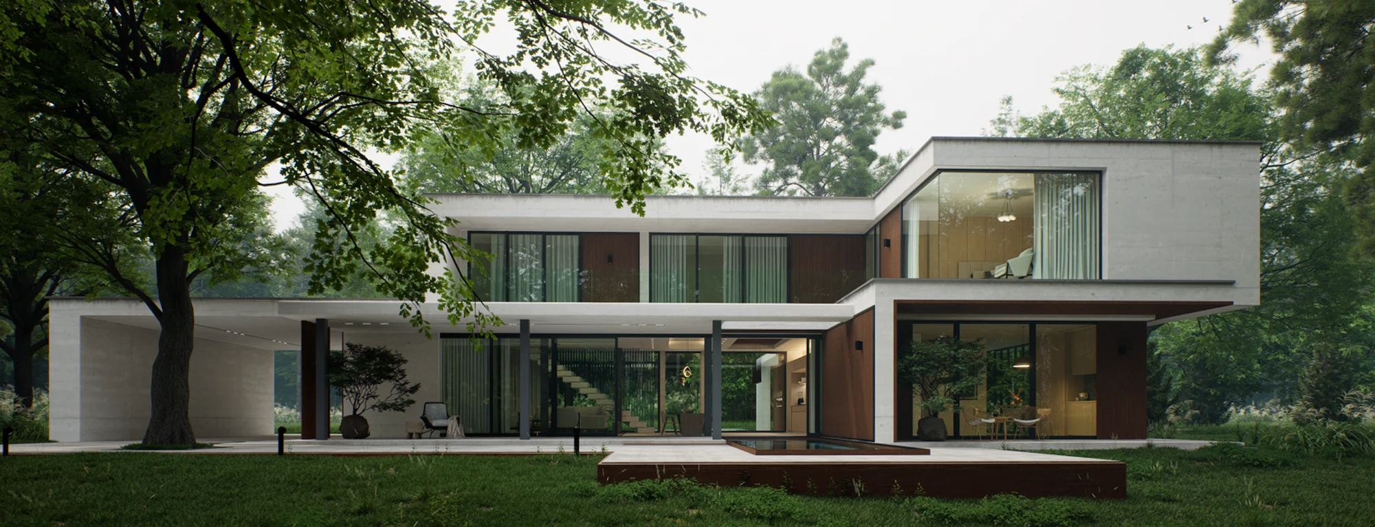 D5 Render ile görselleştirilen orman içindeki modern konut